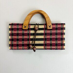 VINTAGE Striped Woven Straw Reed Handbag Structured Collapsible Wood Handle